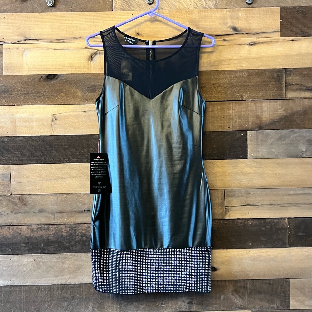 Bebe black ‘leather like’ silver studded mini dress, sz M